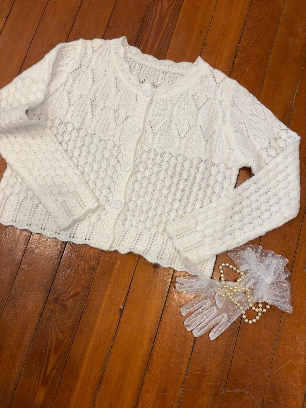 White Lace Knit Cardigan Cropped Button Front Romantic Cottagecore Coquette L - Picture 3 of 9